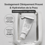 Skincare product with text about clinical proven relief and skin hydration on a gray background