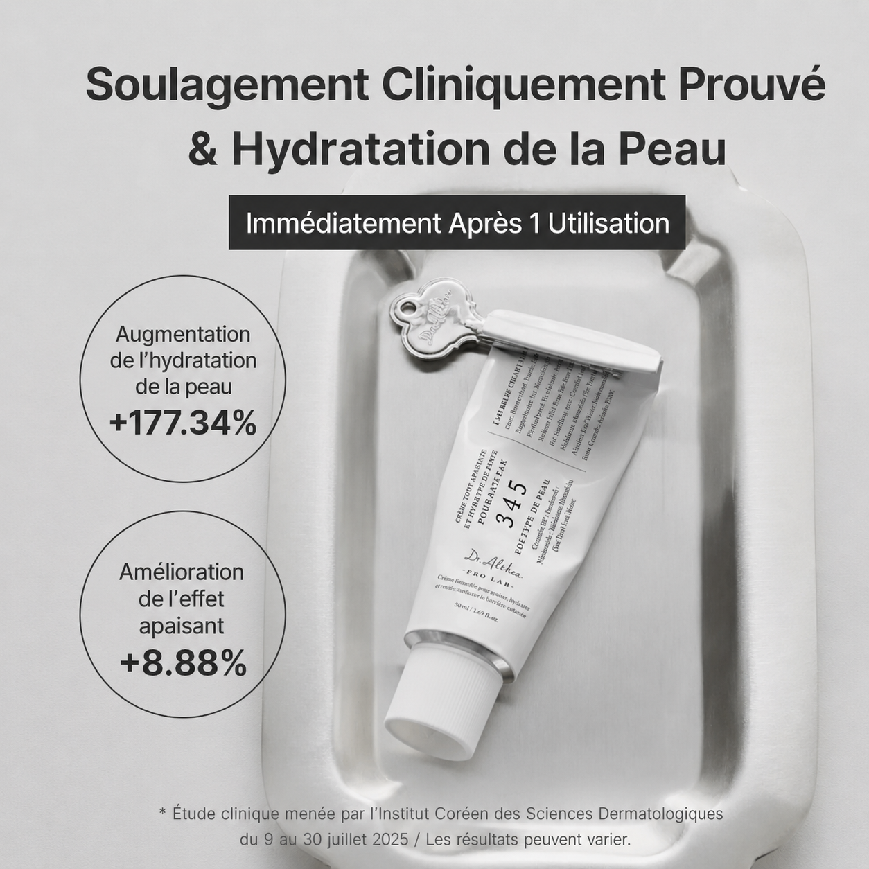 Skincare product with text about clinical proven relief and skin hydration on a gray background