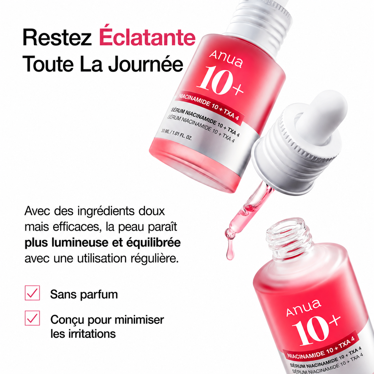 Anua 10+ skincare serum with dropper on a white background