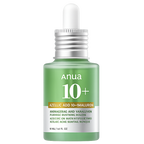 Anua 10+ skincare serum bottle with dropper on a white background