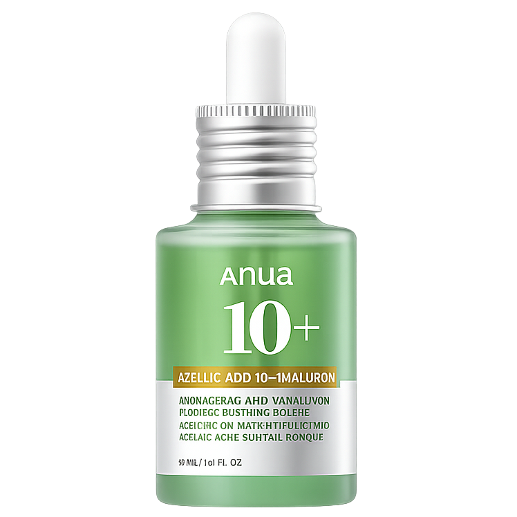 Anua 10+ skincare serum bottle with dropper on a white background