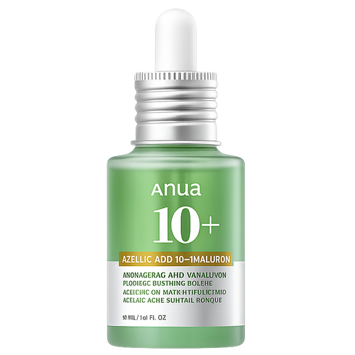 Anua 10+ skincare serum bottle with dropper on a white background