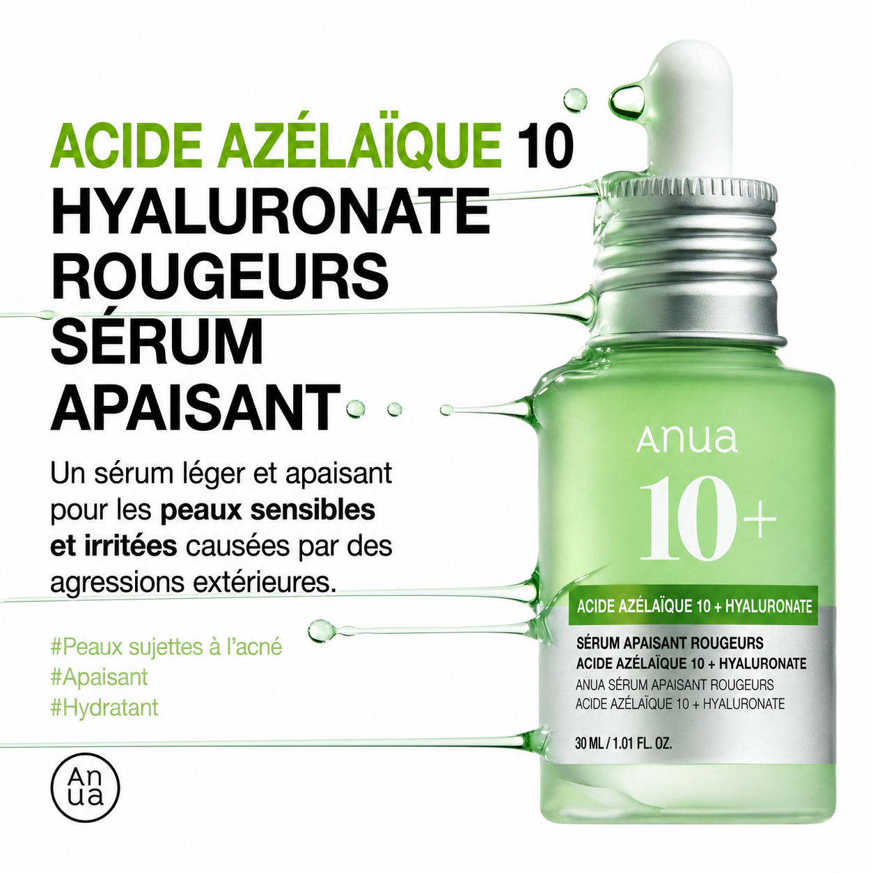 Anua serum bottle with dropper on a white background