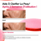 Before and after skin clarity improvement with a pink cosmetic product on a white background