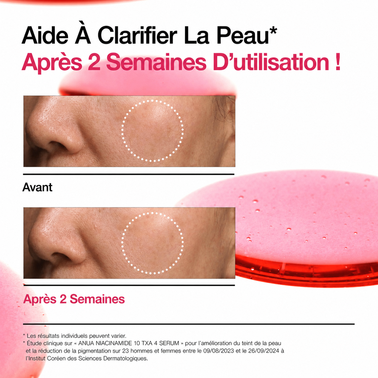 Before and after skin clarity improvement with a pink cosmetic product on a white background