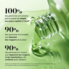 Close-up of a green skincare product with text on a white background