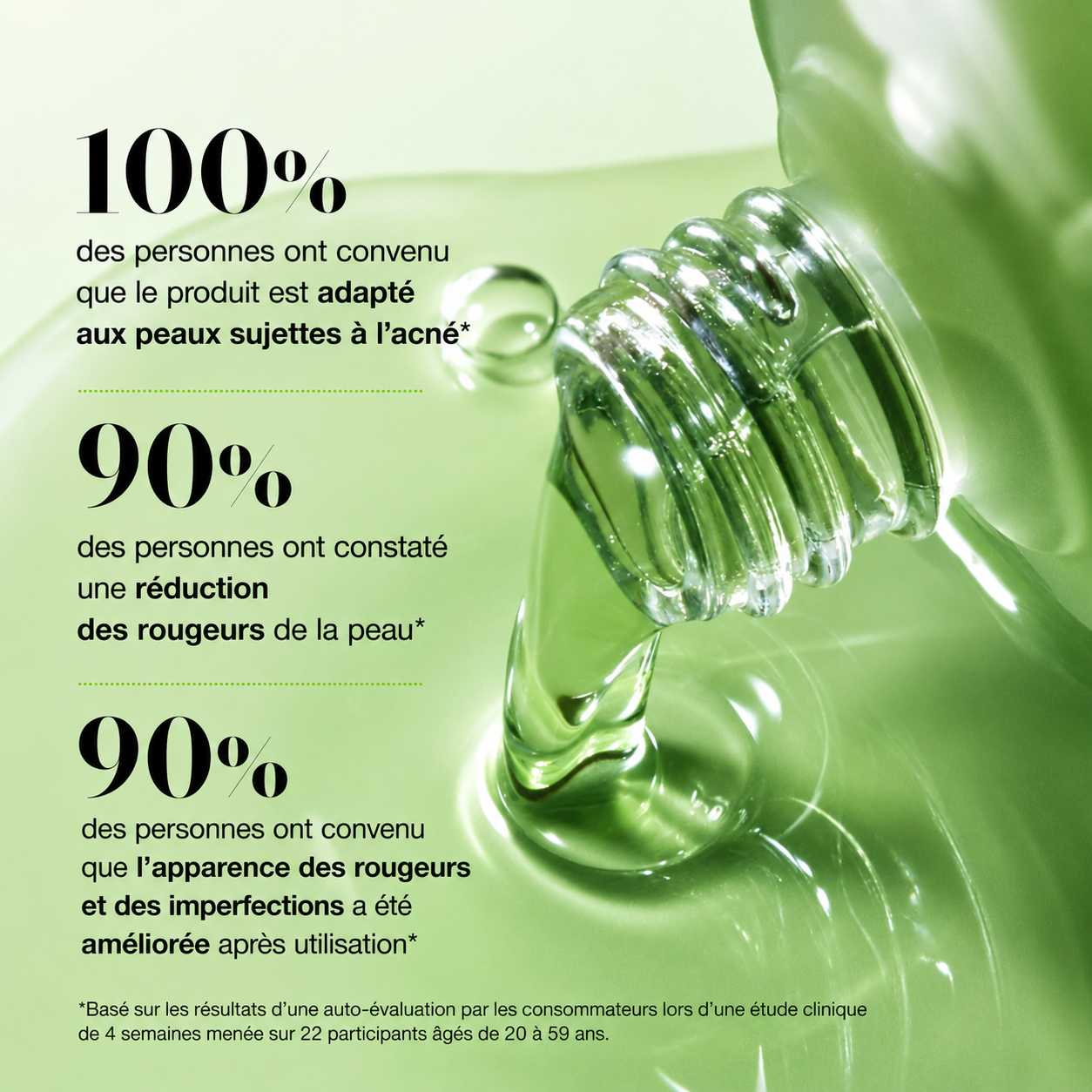 Close-up of a green skincare product with text on a white background