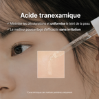 Close-up of a person's eye with text about tranexamic acid and its skin benefits.