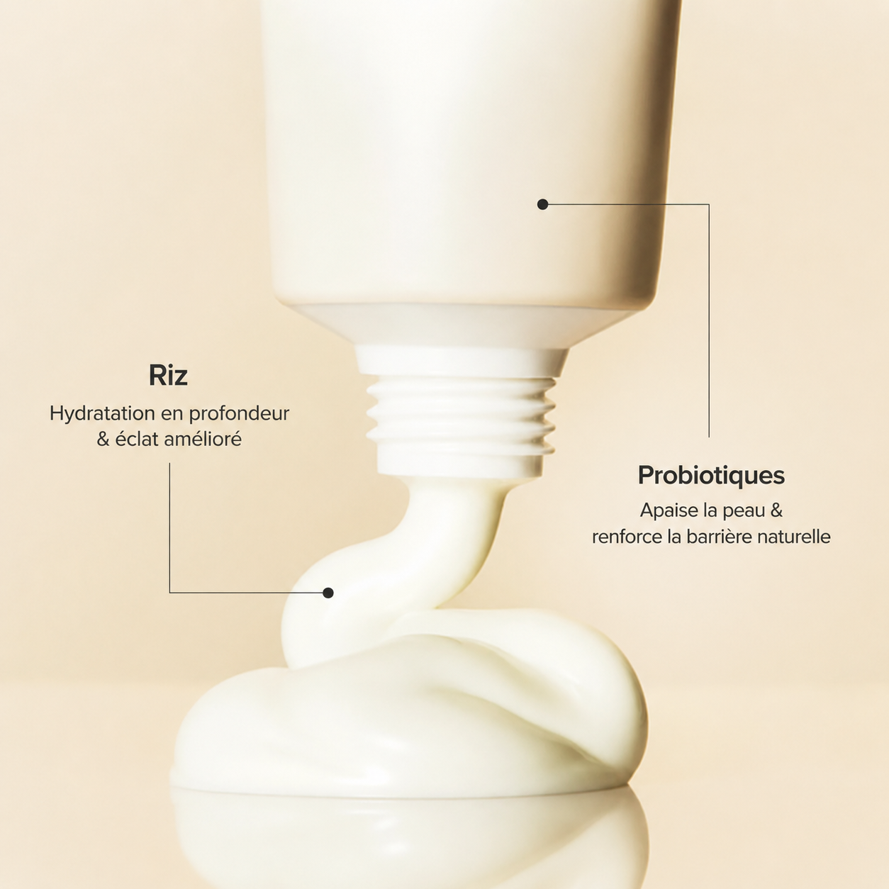 Close-up of a skincare product with text on a beige background