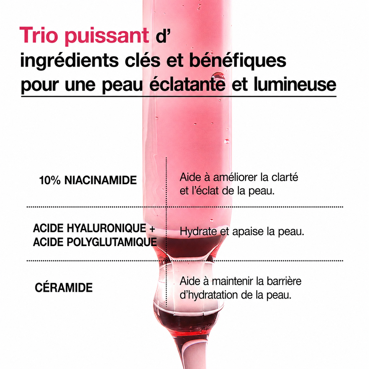 Cosmetic product with text detailing ingredients for radiant and luminous skin.