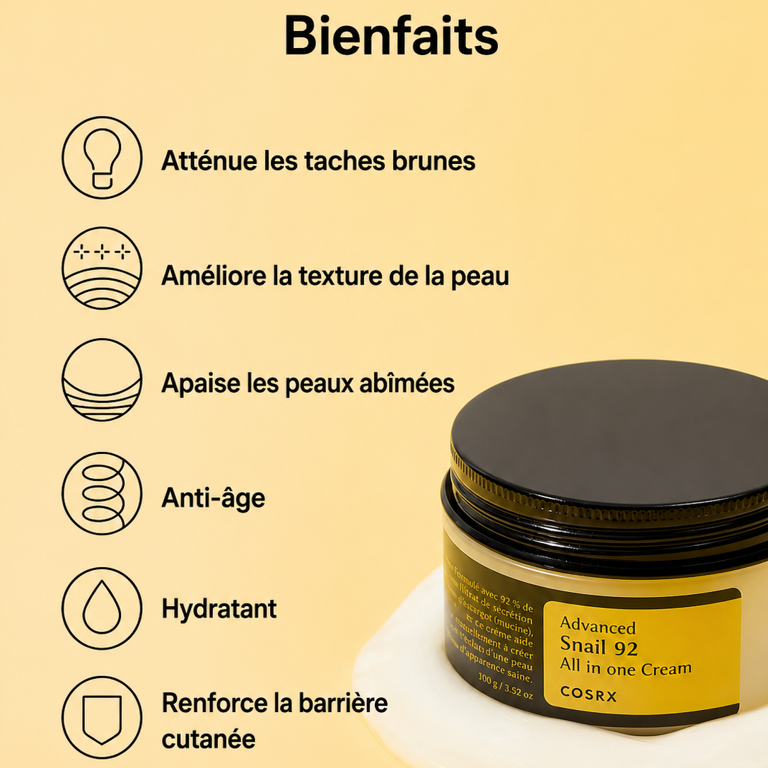 Cosrx cream jar with benefits listed on a beige background