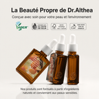 Dr. Althea skincare products with branding and sustainability certifications on a white background