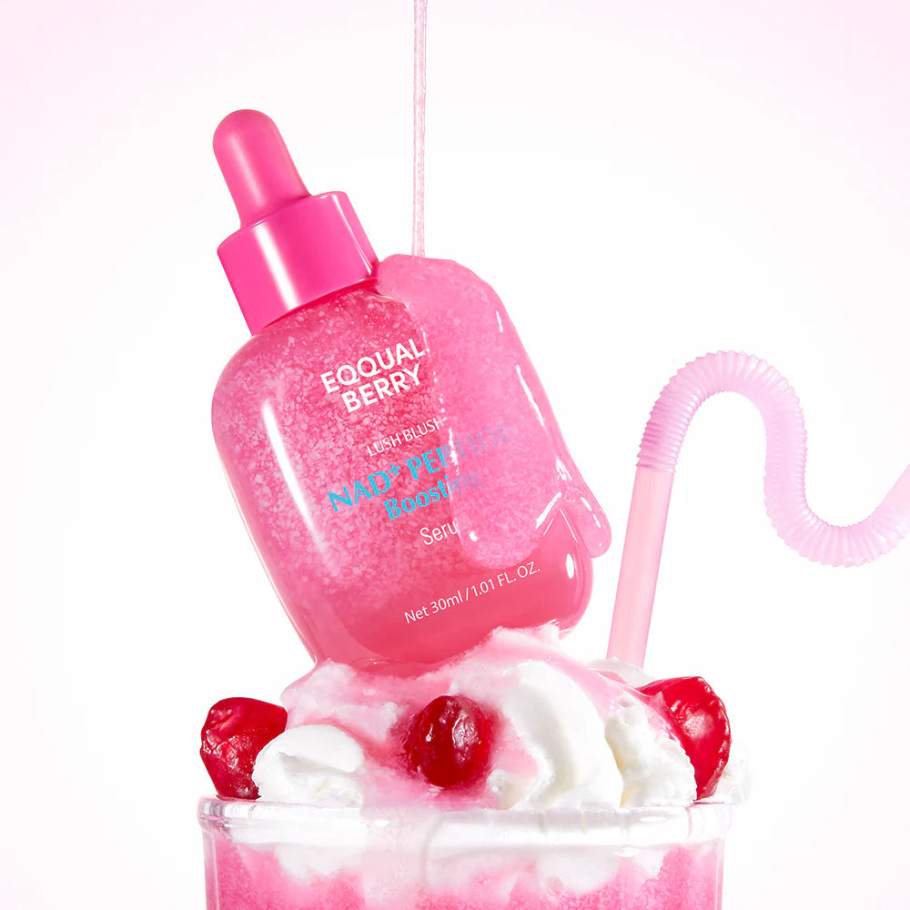 Pink bottle with a dropper labeled 'Equal Berry' on top of a dessert with whipped cream and cherries.