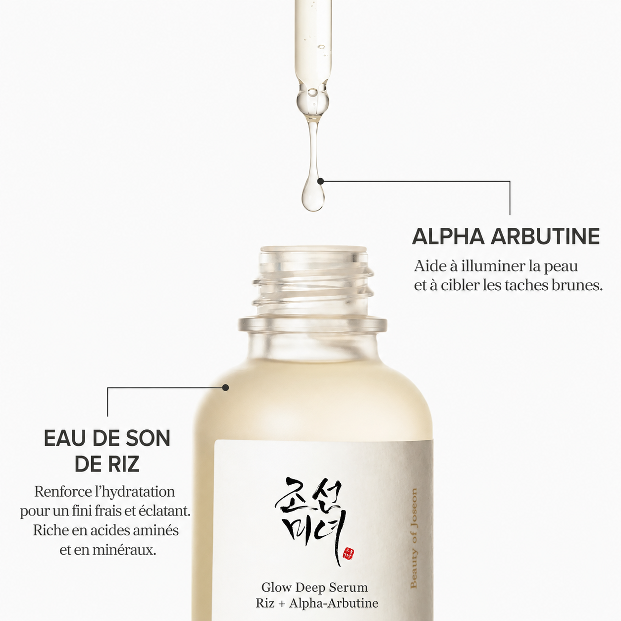 Glow Deep Serum bottle with dropper and text on a white background
