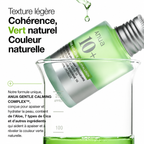 Green skincare bottle with dropper and text about product features
