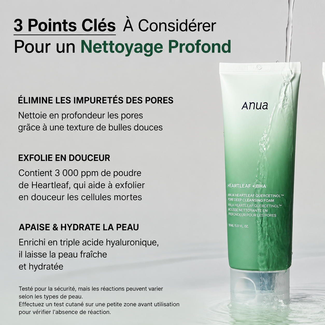 Green skincare product with text detailing its benefits on a gray background