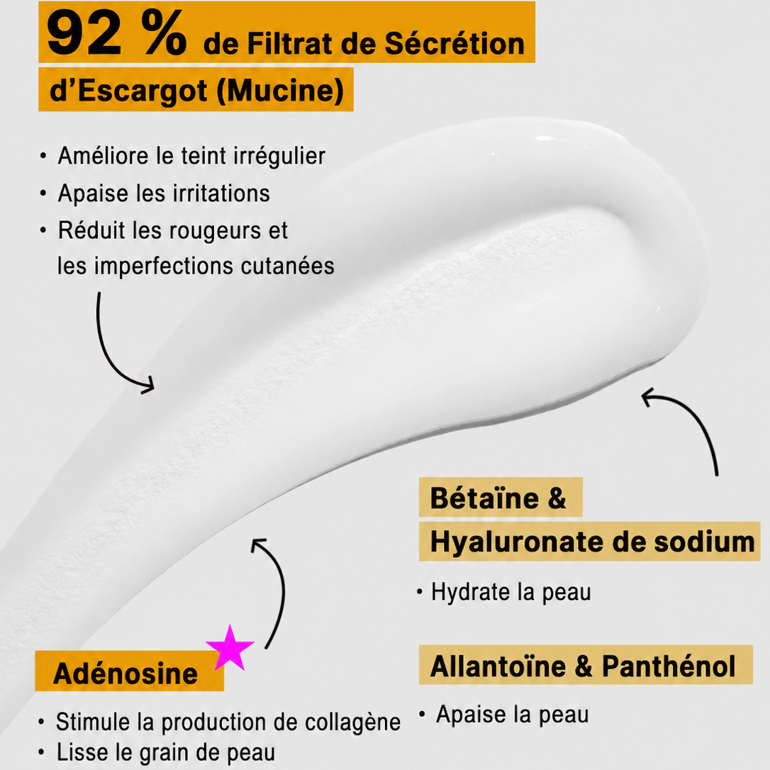 Skincare product with key ingredients listed in French on a light gray background