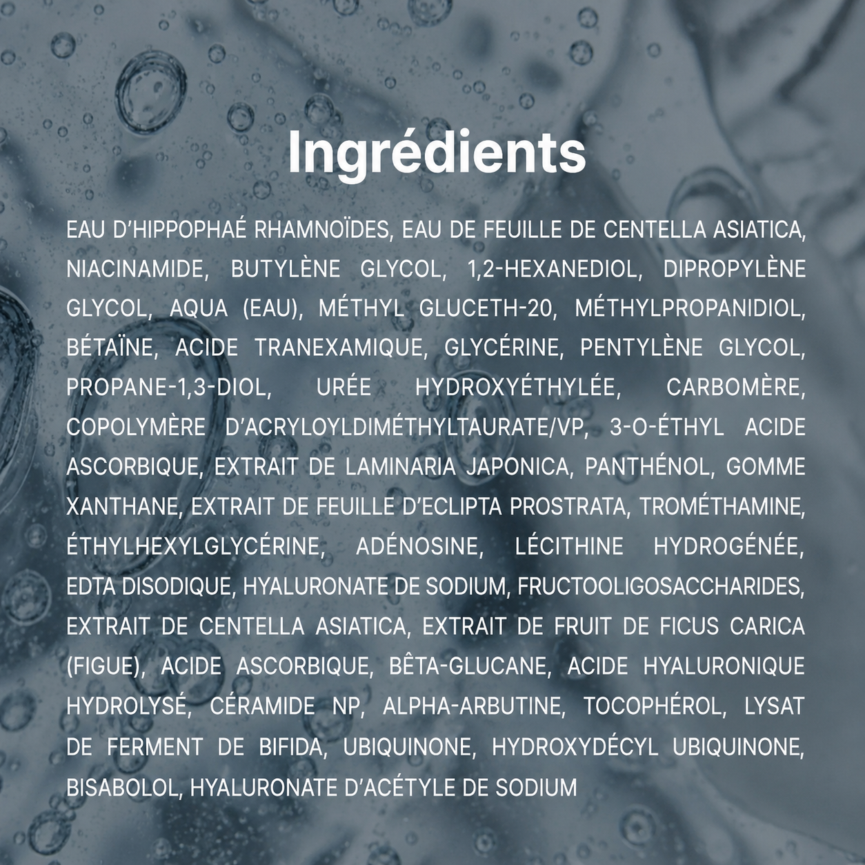 List of ingredients with a blurred background of water droplets