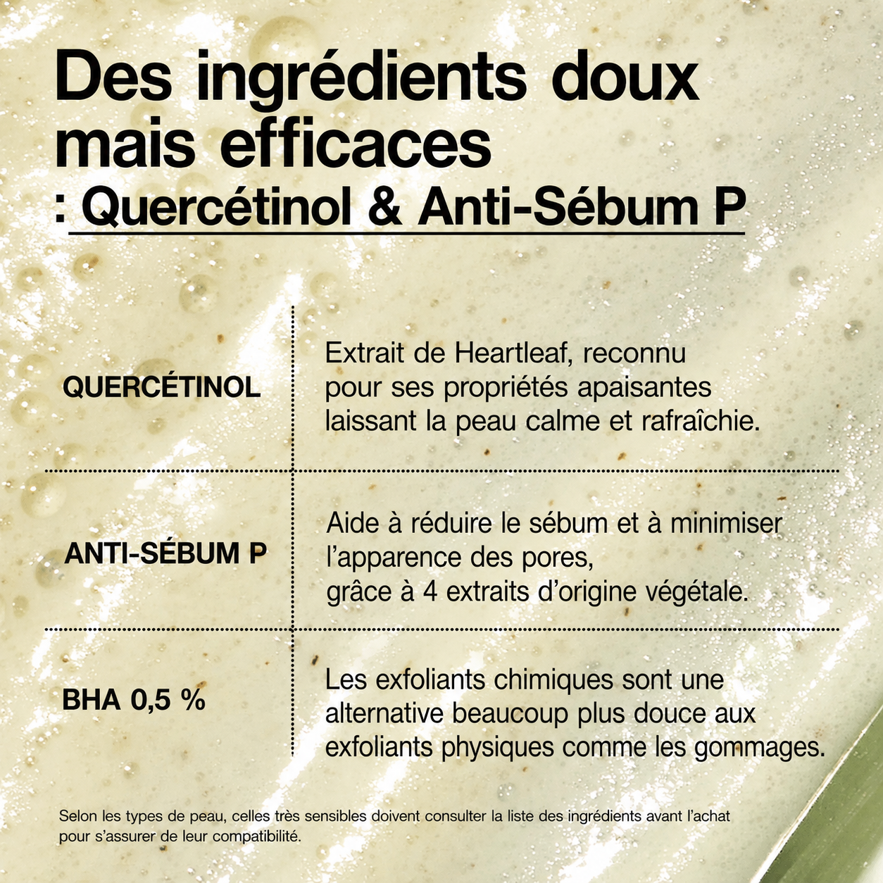 Product label with ingredients and their descriptions on a textured beige background
