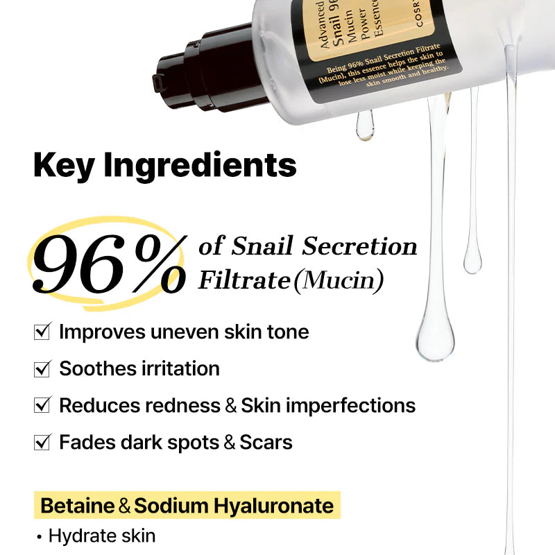 Cosrx skincare product with key ingredients listed on a white background