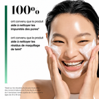 Woman applying facial cleanser with text about product benefits on a white background
