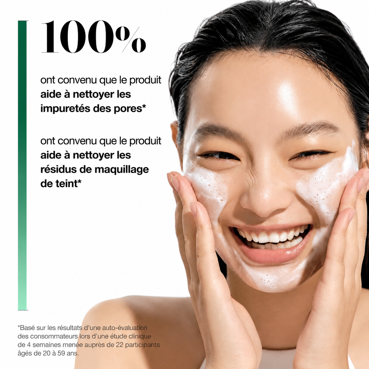 Woman applying facial cleanser with text about product benefits on a white background