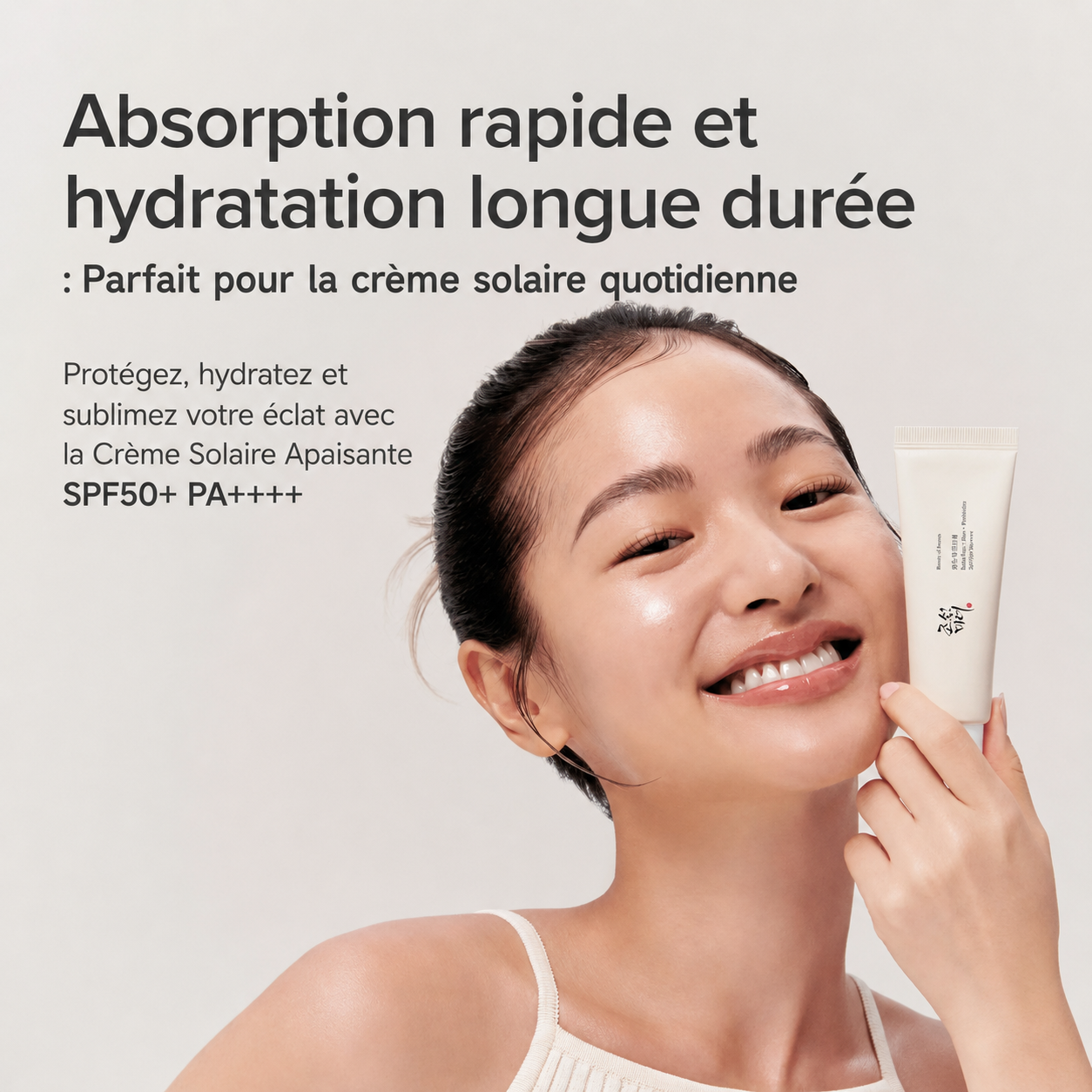 Woman holding a skincare product with text about rapid absorption and long-lasting hydration.