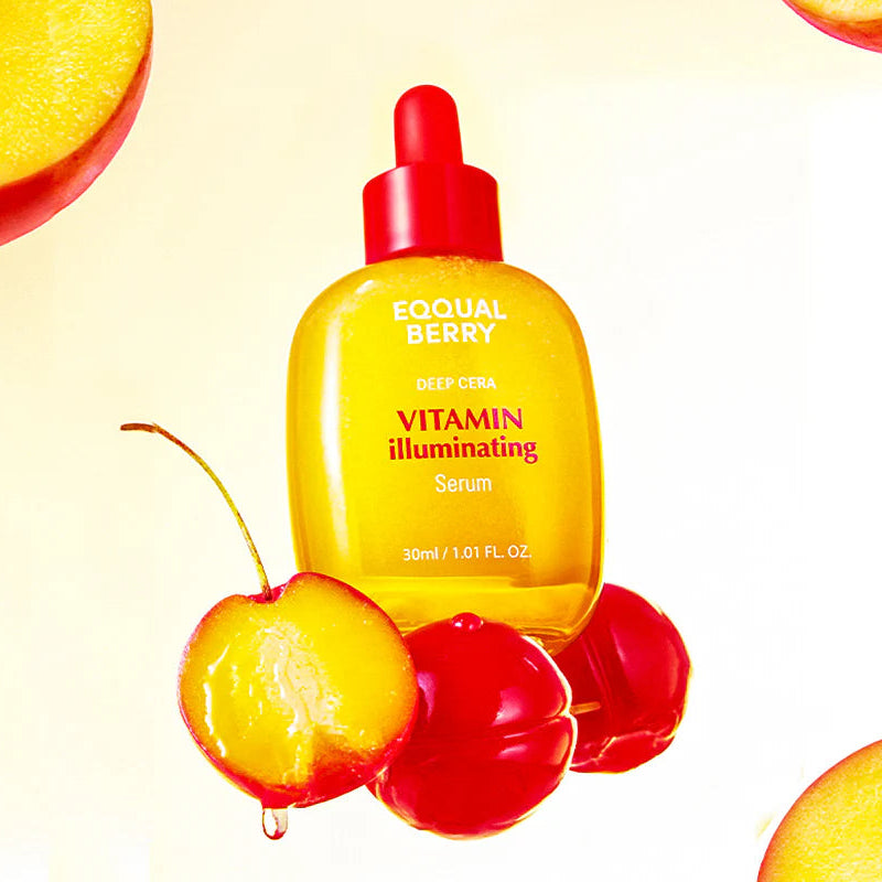 Yellow serum bottle with red dropper labeled 'Eqqual Berry' surrounded by cherries and apple slices on a yellow background