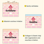 Diagram explaining how snail secretion filtrate works on skin with exfoliation, soothing, and resurfacing processes.