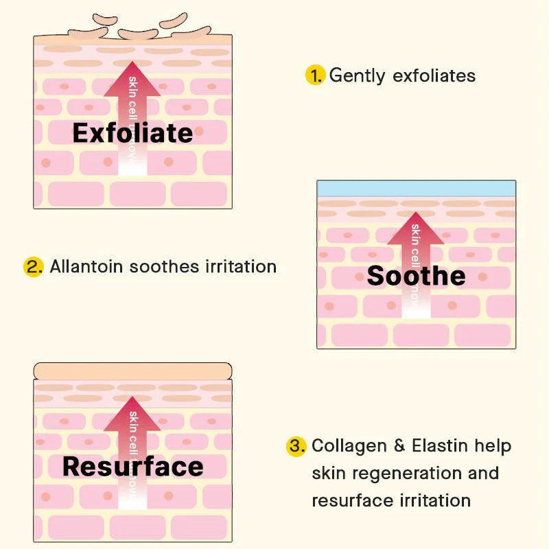 Diagram explaining how snail secretion filtrate works on skin with exfoliation, soothing, and resurfacing processes.