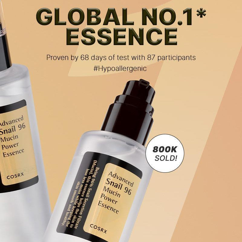 Cosrx Advanced Snail 96 Mucin Power Essence bottles with promotional text on a beige background