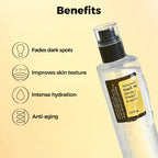 Cosrx skincare product with benefits listed on a beige background