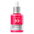 Pink serum bottle with white cap labeled 'Anua 10+' on a white background