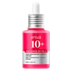 Pink serum bottle with white cap labeled 'Anua 10+' on a white background