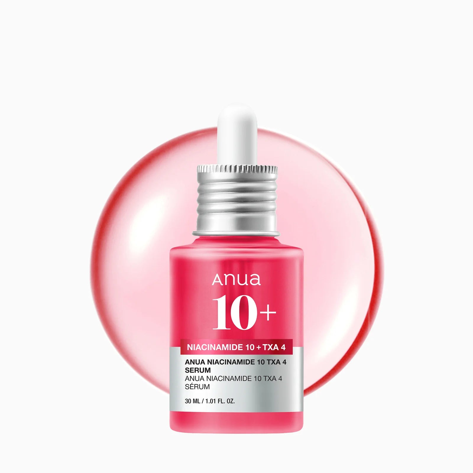 Anua 10+ serum bottle with dropper on a white background